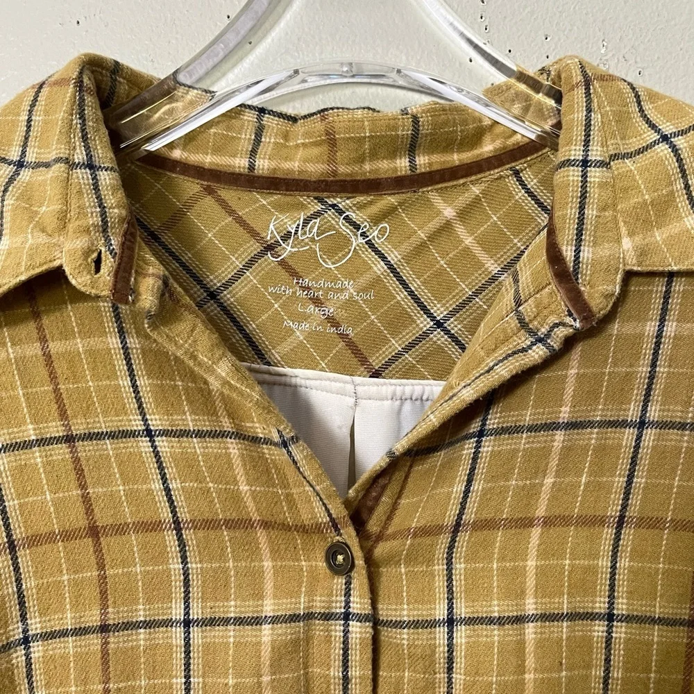 Kyla Seo Embroidered Velvet Back Gold Plaid L Boho Western Prairie Cottagecore - Picture 3 of 9